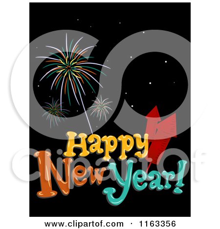 Cartoon of a Happy New Year Greeting with Fireworks on Black - Royalty Free Vector Clipart by BNP Design Studio
