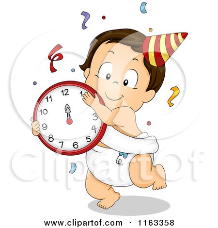 Cartoon of a Dancing New Year Baby Boy with a Clock and Confetti - Royalty Free Vector Clipart by BNP Design Studio