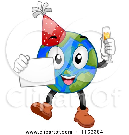 Cartoon of a New Year Earth Holding a Sign and Champagne - Royalty Free Vector Clipart by BNP Design Studio