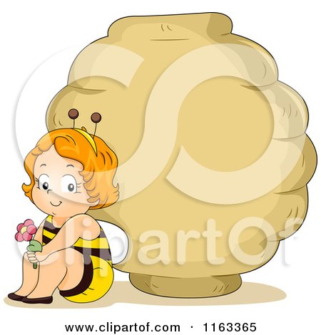 Cartoon of a Baby Boy in a Bee Costume, Sitting by a Hive Sign - Royalty Free Vector Clipart by BNP Design Studio