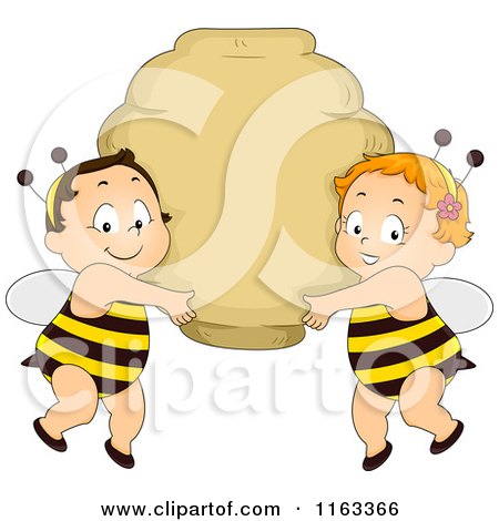 Cartoon of Cute Babies in Bee Costumes, Holding up a Bee Hive Sign - Royalty Free Vector Clipart by BNP Design Studio