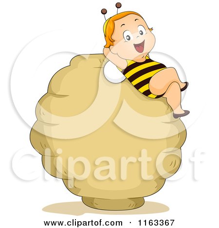 Cartoon of a Baby Boy in a Bee Costume, Relaxing on a Hive Sign - Royalty Free Vector Clipart by BNP Design Studio