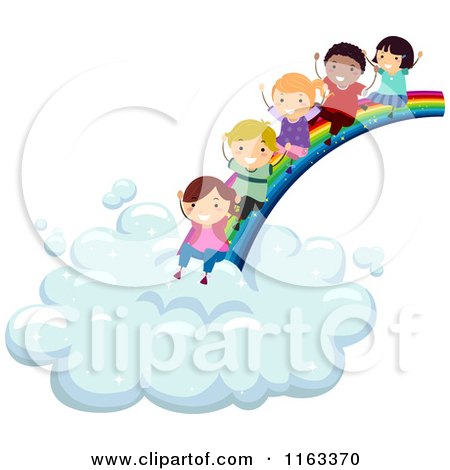 Cartoon of Happy Diverse Children Sliding from a Rainbow to a Cloud - Royalty Free Vector Clipart by BNP Design Studio