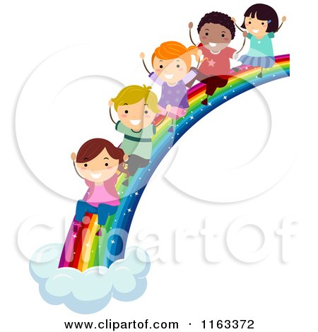 Cartoon of Happy Diverse Children Sliding down a Rainbow - Royalty Free Vector Clipart by BNP Design Studio