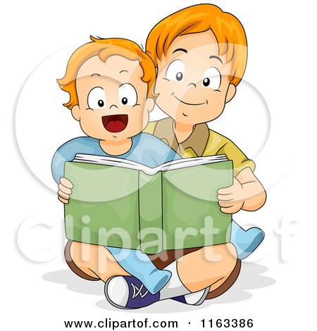 Cartoon of a Big Brother Reading a Story Book to His Little Brother - Royalty Free Vector Clipart by BNP Design Studio