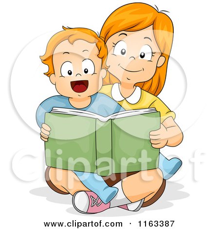 Cartoon of a Big Sister Reading a Story Book to Her Little Brother - Royalty Free Vector Clipart by BNP Design Studio