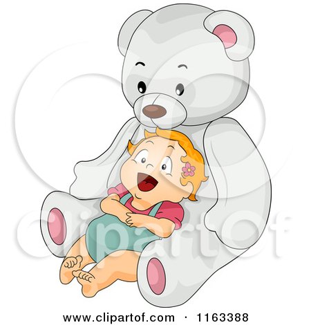 Cartoon of a Happy Baby Girl Leaning Back Against a Giant Teddy Bear - Royalty Free Vector Clipart by BNP Design Studio