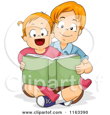 Cartoon of a Big Brother Reading a Story Book to His Little Sister - Royalty Free Vector Clipart by BNP Design Studio