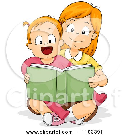 Cartoon of a Big Sister Reading a Story Book to Her Little Sister - Royalty Free Vector Clipart by BNP Design Studio