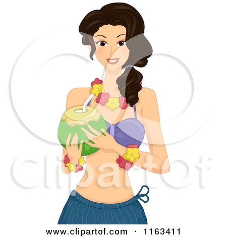 Cartoon of a Hawaiian Woman Holding a Coconut - Royalty Free Vector Clipart by BNP Design Studio