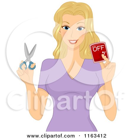 Cartoon of a Blond Woman Holding a Coupon and Scissors - Royalty Free Vector Clipart by BNP Design Studio