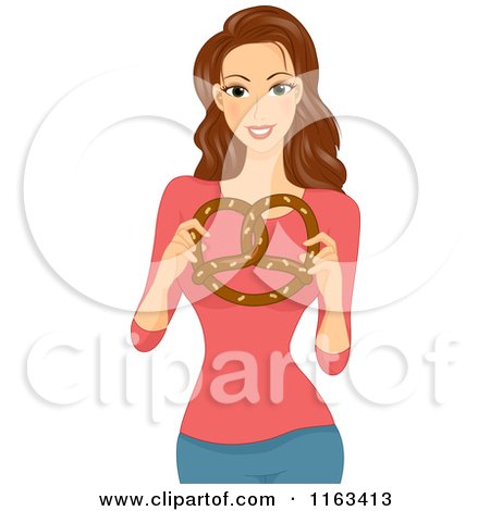 Cartoon of a Brunette Woman Holding a Soft Pretzel - Royalty Free Vector Clipart by BNP Design Studio