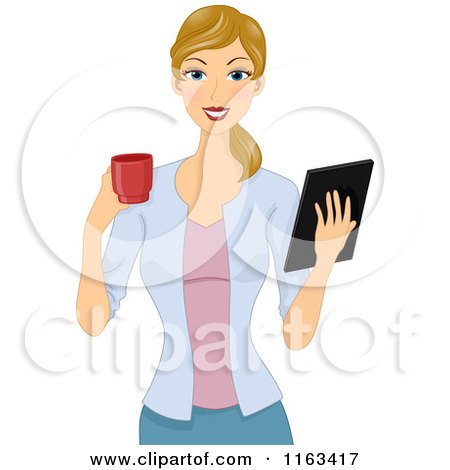 Cartoon of a Happy Blond Woman Holding a Tablet and Coffee - Royalty Free Vector Clipart by BNP Design Studio