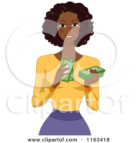Cartoon of a Beautiful Black Woman Counting Her Money - Royalty Free Vector Clipart by BNP Design Studio