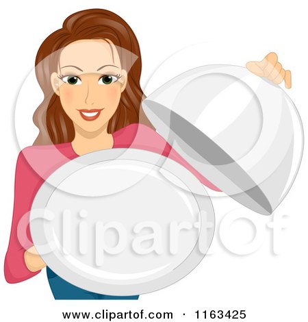 Cartoon of a Brunette Woman Holding an Empty Serving Platter - Royalty Free Vector Clipart by BNP Design Studio