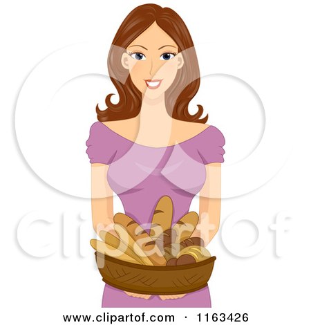 Cartoon of a Brunette Woman Holding a Basket of Bread - Royalty Free Vector Clipart by BNP Design Studio