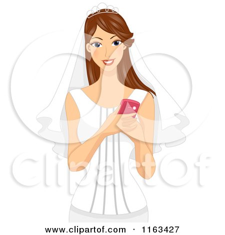 Cartoon of a Happy Brunette Bride Holding a Cell Phone - Royalty Free Vector Clipart by BNP Design Studio