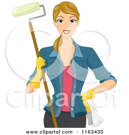 Cartoon of a Happy Blond Woman Holding a Paint Roller - Royalty Free Vector Clipart by BNP Design Studio