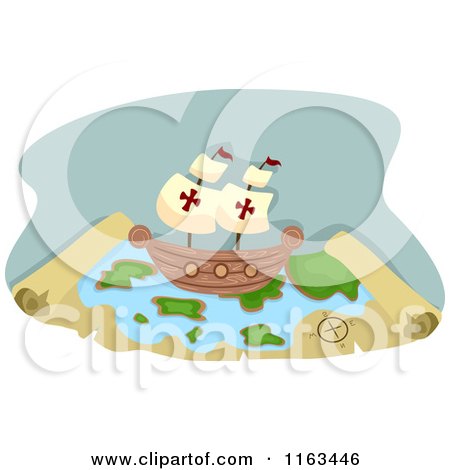 Cartoon of a Pirate Ship on a Treasure Map - Royalty Free Vector Clipart by BNP Design Studio