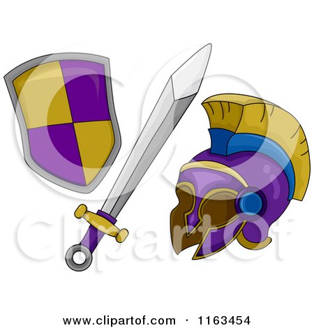 Cartoon of a Gladiator Sword Shield and Helmet - Royalty Free Vector Clipart by BNP Design Studio