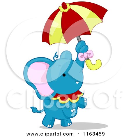 Cartoon of a Blue Circus Elephant Standing with an Umbrella - Royalty Free Vector Clipart by BNP Design Studio