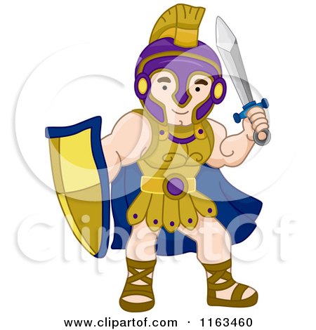Cartoon of a Greek Warrior with a Shield and Sword - Royalty Free Vector Clipart by BNP Design Studio