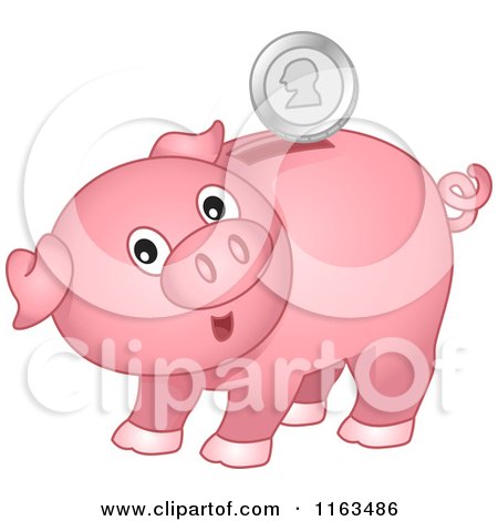 Cartoon of a Pink Piggy Bank with a Silver Coin - Royalty Free Vector Clipart by BNP Design Studio
