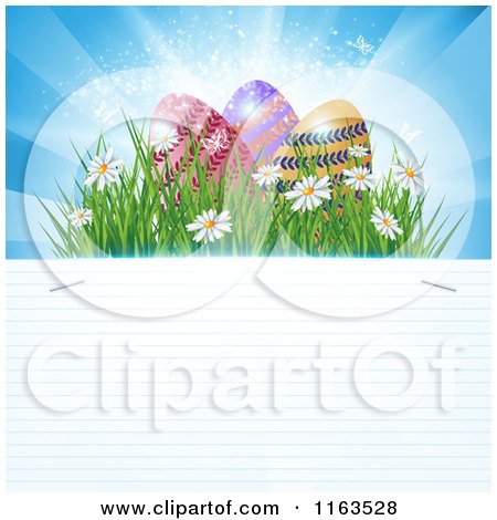 Clipart Of Sunshine Easter Eggs And Flowers Over Ruled Paper Copy Space - Royalty Free Vector Illustration by MilsiArt