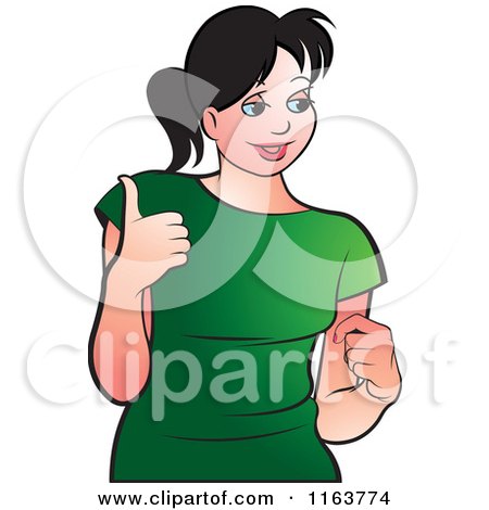Clipart of a Happy Woman in a Green Shirt, Holding a Thumb up - Royalty Free Vector Illustration by Lal Perera