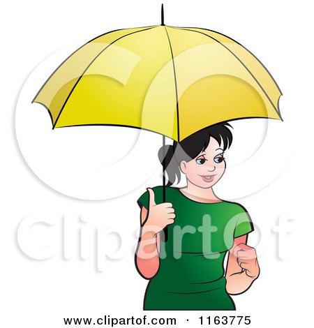 Clipart of a Happy Woman with a Yellow Umbrella - Royalty Free Vector Illustration by Lal Perera