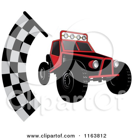 Clipart of a Red Dune Buggy and Racing Flag - Royalty Free Vector Illustration by Lal Perera