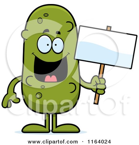 Cartoon of a Pickle Mascot Holding a Sign - Royalty Free Vector Clipart by Cory Thoman