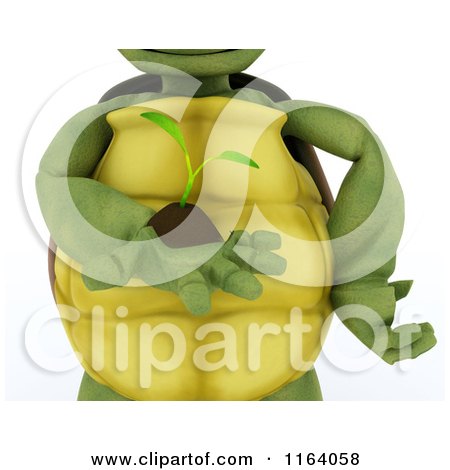 Clipart of a 3d Cropped Tortoise Holding a Seedling Plant - Royalty Free CGI Illustration by KJ Pargeter