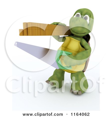Clipart of a 3d Carpenter Tortoise with a Saw and Lumber - Royalty Free CGI Illustration by KJ Pargeter