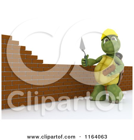 Clipart of a 3d Tortoise Mason Contractor Building a Brick Wall 3 - Royalty Free CGI Illustration by KJ Pargeter