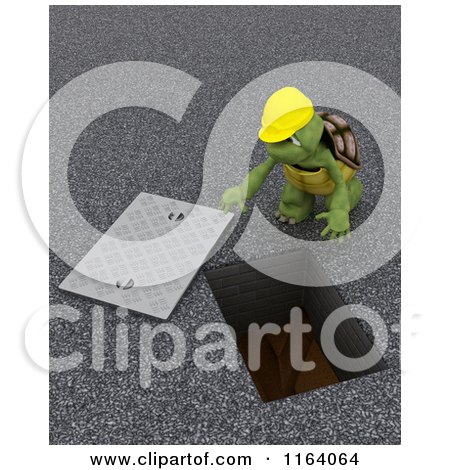Clipart of a 3d Contractor Tortoise at a Man Hole - Royalty Free CGI Illustration by KJ Pargeter