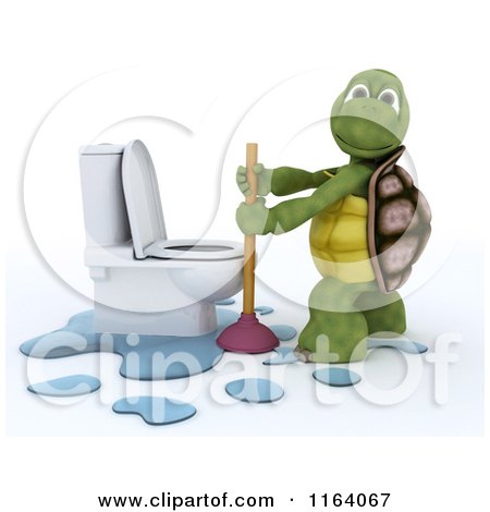 Clipart of a 3d Tortoise with a Plunger by a Toilet - Royalty Free CGI Illustration by KJ Pargeter
