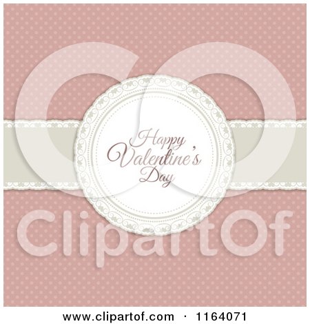 Clipart of a Retro Happy Valentines Day Greeting over a Ribbon on Pink Polka Dots - Royalty Free Vector Illustration by KJ Pargeter