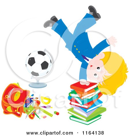 Cartoon of a School Boy Doing a Hand Stand on a Stack of Books by a Globe - Royalty Free Vector Clipart by Alex Bannykh