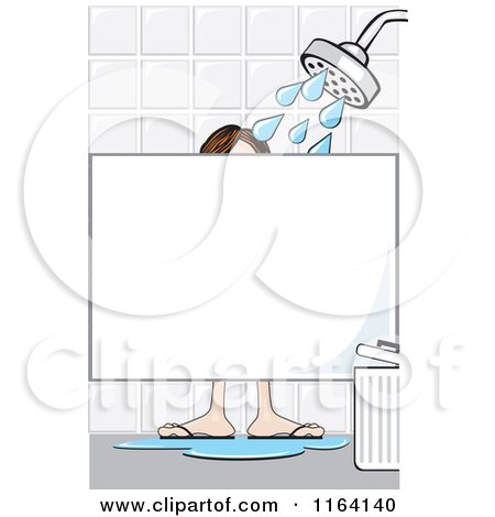 Cartoon of a Man Showering with Sandals on in a Locker Room, with Copyspace - Royalty Free Vector Clipart by David Rey