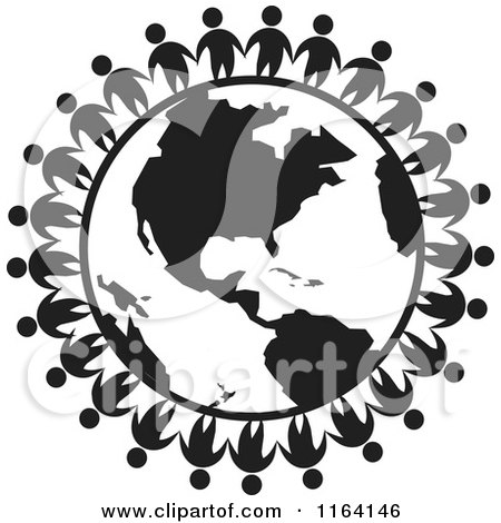 Cartoon of a Network of Black and White People Standing Around the World - Royalty Free Vector Clipart by Johnny Sajem