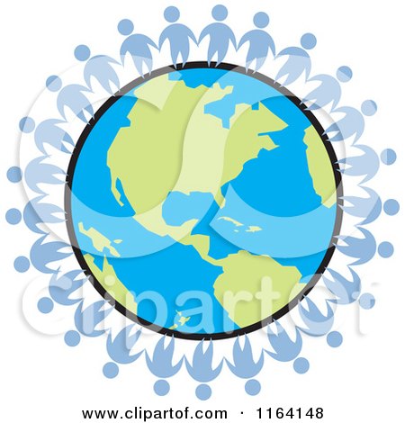 Cartoon of a Network of Blue People Standing Around the World - Royalty Free Vector Clipart by Johnny Sajem