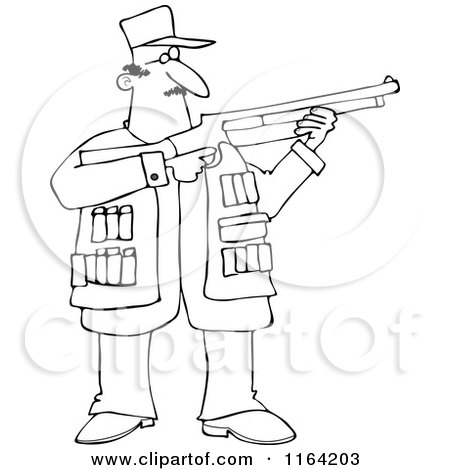 Cartoon of an Outlined Hunting Man Using a Shotgun - Royalty Free Vector Clipart by djart