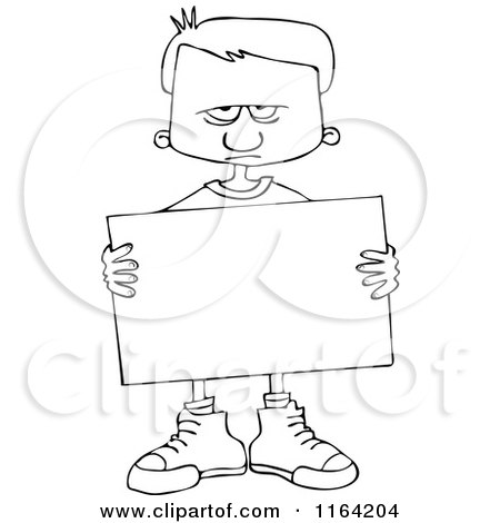 Cartoon of an Outlined Angry Boy Holding a Sign - Royalty Free Vector Clipart by djart