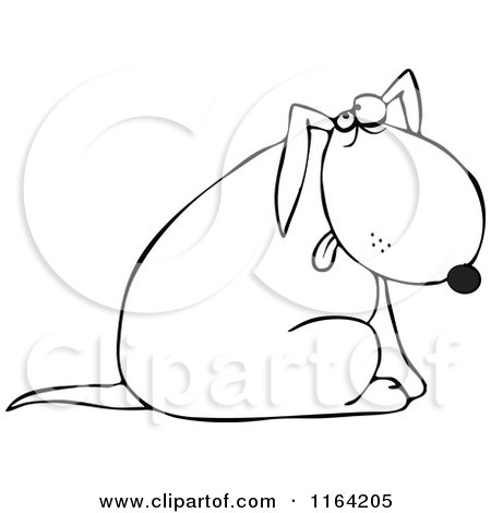 Cartoon of an Outlined Dog Sitting and Glancing Upwards - Royalty Free Vector Clipart by djart