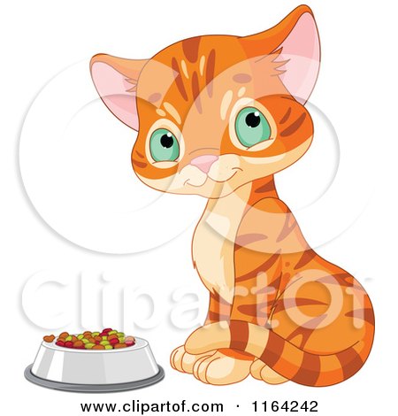 Cartoon of a Cute Ginger Kitten Sitting by a Bowl of Food - Royalty Free Vector Clipart by Pushkin