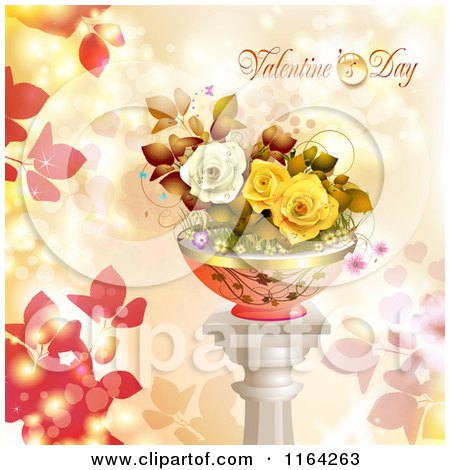 Clipart of a Valentines Day Background with Text and Potted Roses on a Pillar - Royalty Free Vector Illustration by merlinul