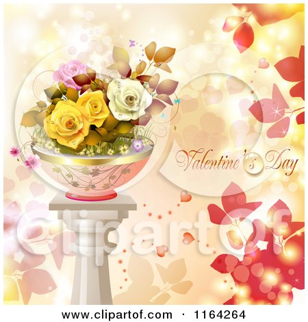 Clipart of a Valentines Day Background with Text and Potted Roses on a Pillar 2 - Royalty Free Vector Illustration by merlinul
