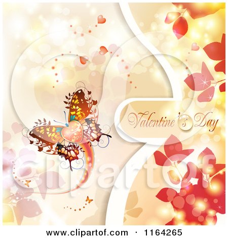 Clipart of a Valentines Day Background with Text Hearts a Butterfly and Foliage - Royalty Free Vector Illustration by merlinul