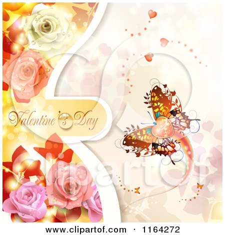 Clipart of a Valentines Day Background with Text Hearts a Butterfly and Roses - Royalty Free Vector Illustration by merlinul